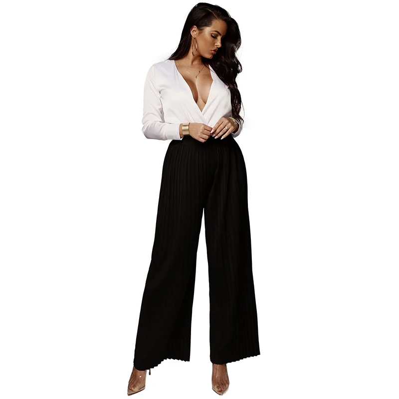 Fashion Women Wide Leg Pants High Elastic Waist Pantalon