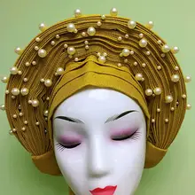 Африканский ASO OKE headtie золото Авто геле для женщин авто геле повязка на голову с Бисером Дешевые ткань с бесплатной доставкой; s1piece/лот