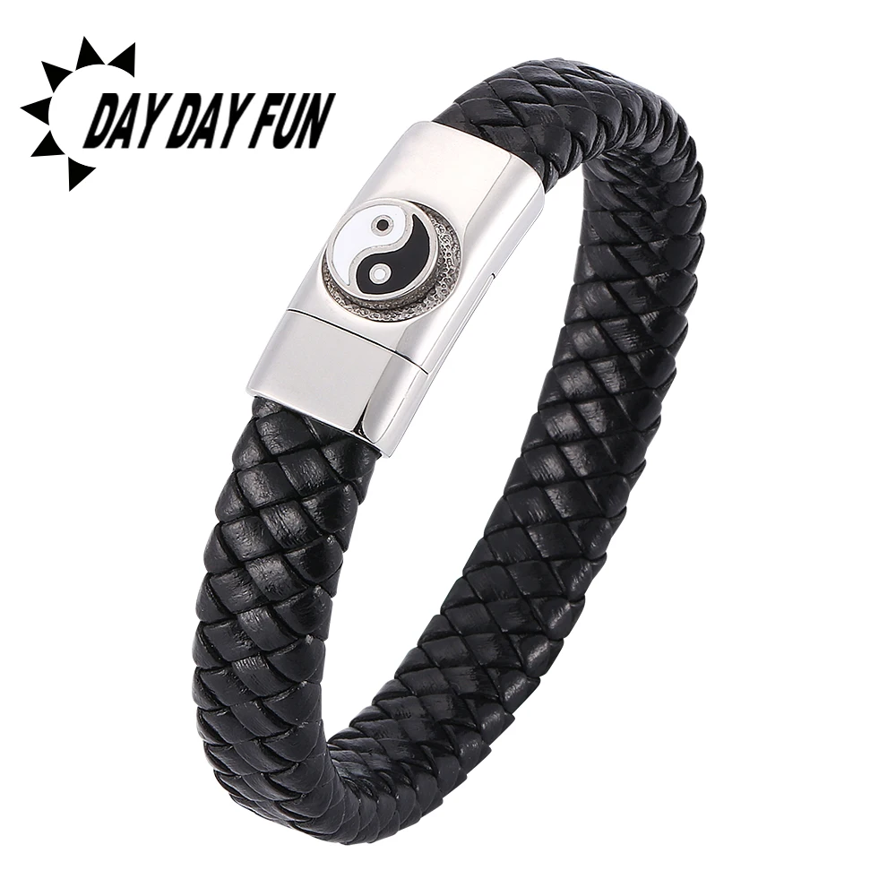 

Geometric Fashion New Men Jewelry Genuine Leather Bracelets Stainless Steel Magnetic Clasp Vintage Rope Chain for Gifts E0313