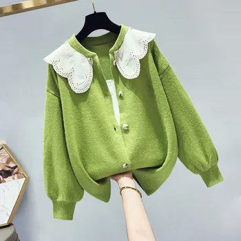 

Sweet lace sweater for women autumn winter new solid lantern sleeved loose solid lady elegant knitted thicken warm outwear coat