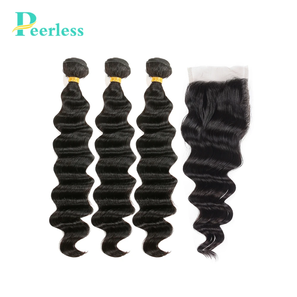 

PEERLESS Virgin Hair Peruvian Loose Wave 3 Bundles With Closure 4*4 Swiss Lace 100% Raw Human Hair Extensions
