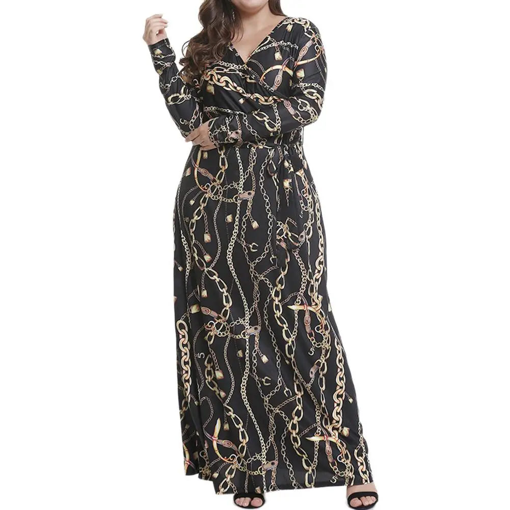 

Runway Style Luxurious Golden Chain Print Sexy V-neck Femme Vestidos Party Dress Riche Robe African Clothing Maxi Long Dress 2XL