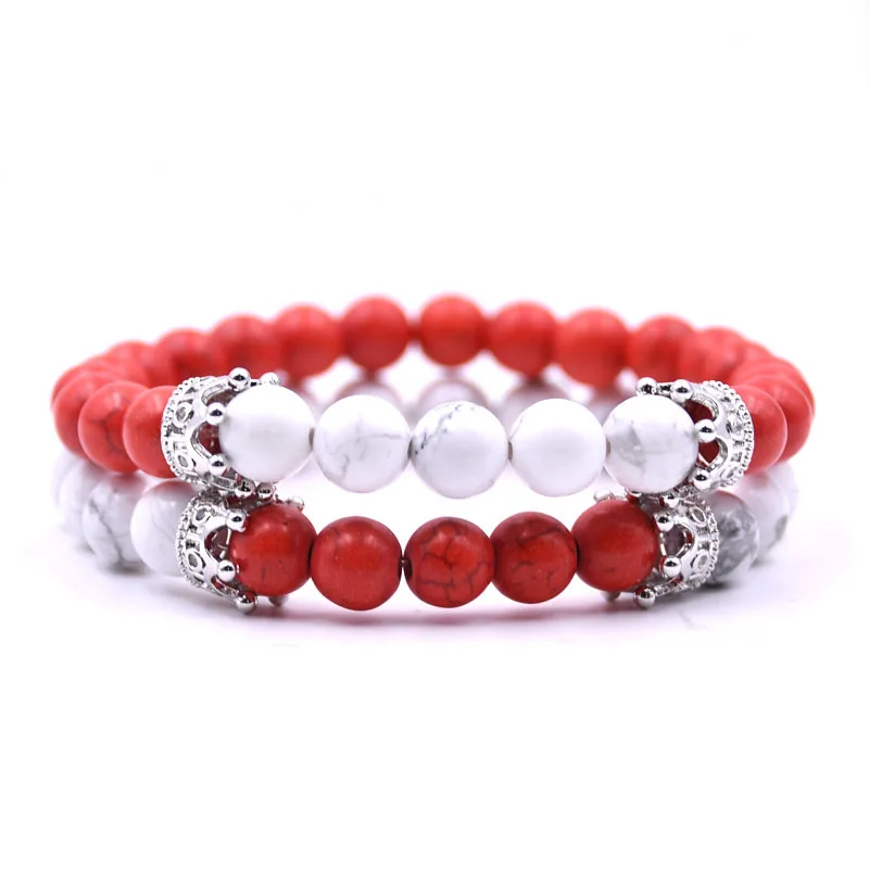 

2PC Red/White Natural Stone Round Beaded Strand Bracelets & Bangle For Men Trendy CZ Crown Allot Beads Hand Jewelry Bijoux ZB342