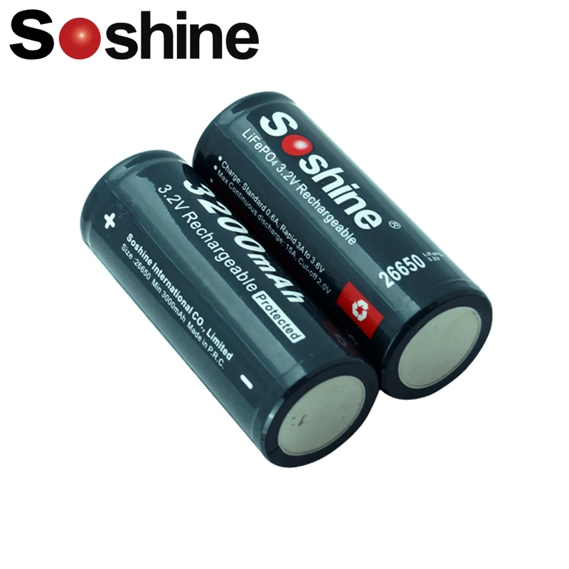

2pcs Soshine 26650 Protected 3.2V 3200mAh Lithium Rechargeable Battery