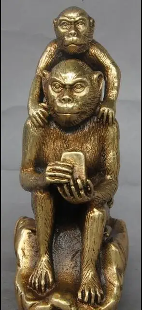 

free 6"China Feng shui Brass Auspicious Zodiac 2 Lovely Monkey Hold Seal stamp Statue fast