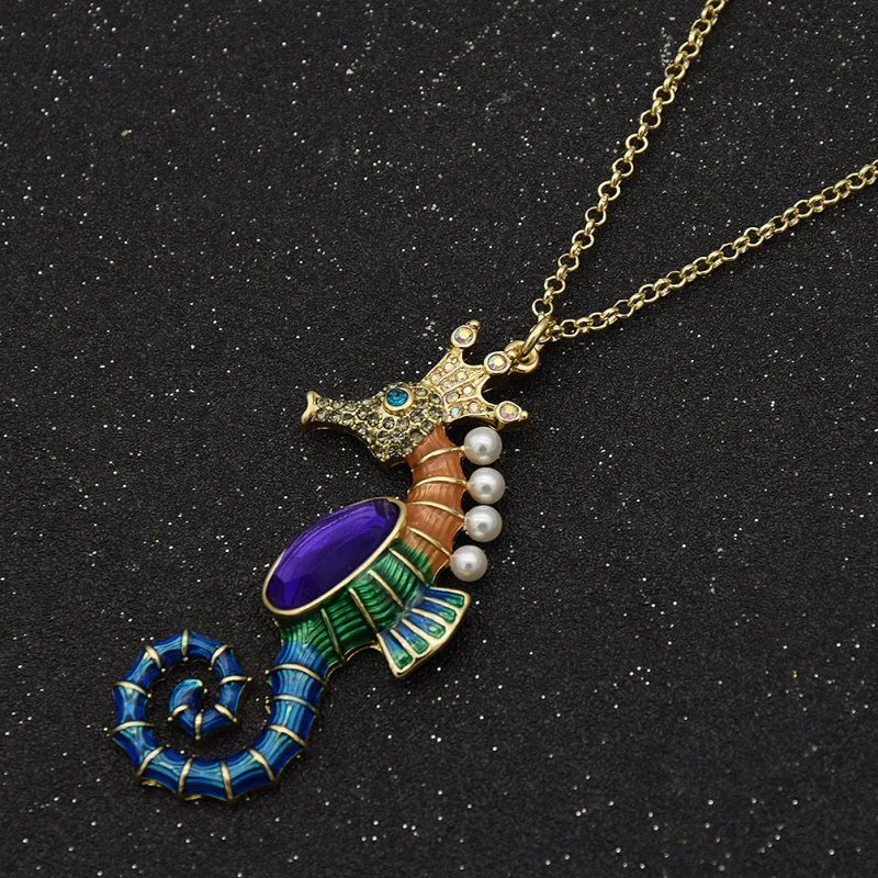 

fashion lychee Women Enamel Crystal Seahorse Floating Sweater Gold Charm Chain Pendent Long Animal Necklace