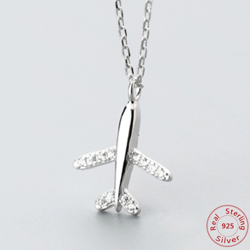 

Real 925 Sterling Silver S925 Silver Plane Aircraft Pendant Necklace Airplane Fashion CZ Crystal Jewelry Chain New