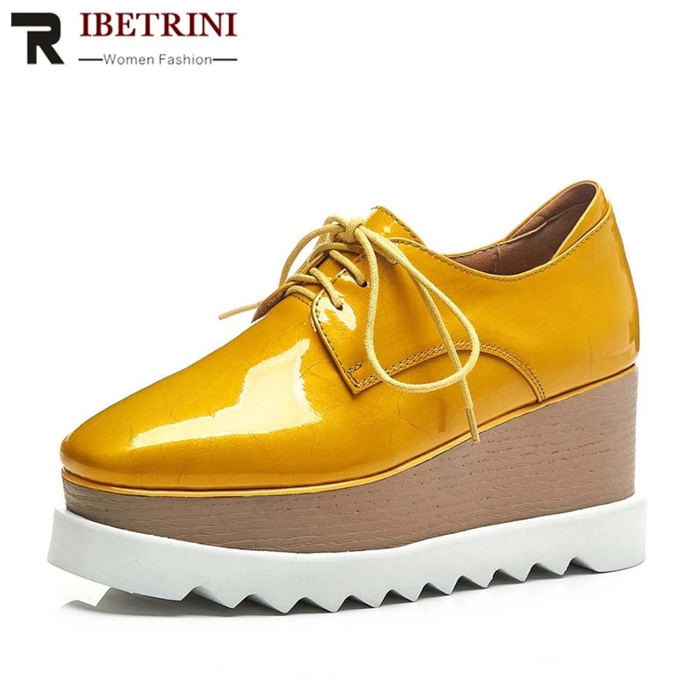 

RIBETRINI Brand Big Size 42 Genuine Cow Leather Flat Platform Woman Shoes Girls Youthful Shoelaces Leisure Shoes Woman Flats