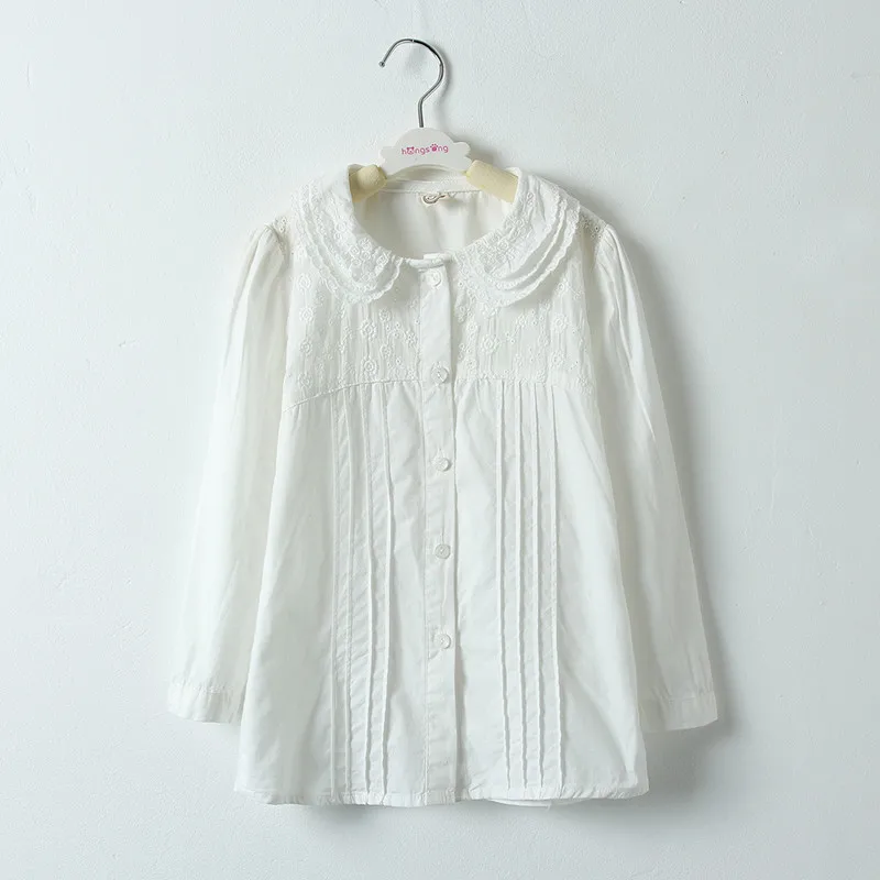 Children school white blouse for girls spring autumn 100cotton fashion design long sleeve lace