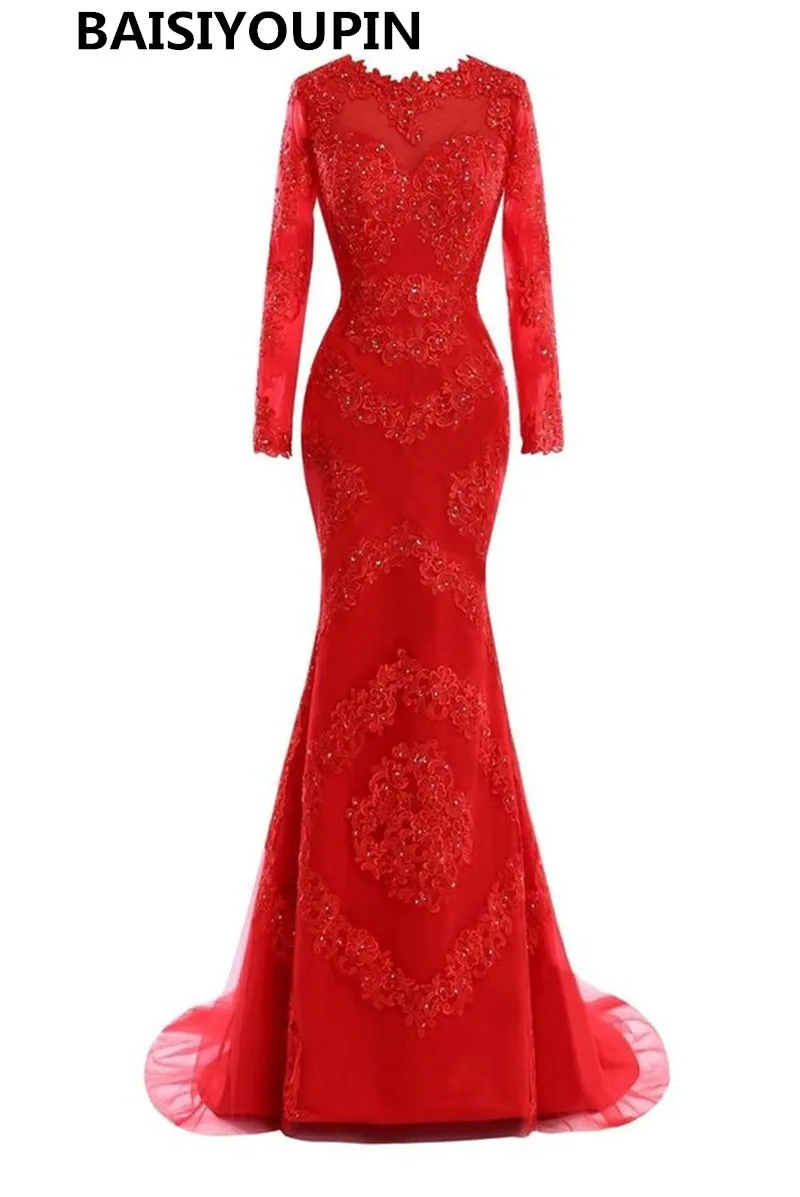 

Evening Dress Real Picture 2019 Vestidos Longo Elegant Long Sleeve Red Prom Dresses Mermaid with Lace Appliqued