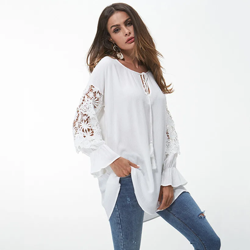 Plus Size Women Cotton Blouses Shirts Long Sleeve Tops Lace Blouses