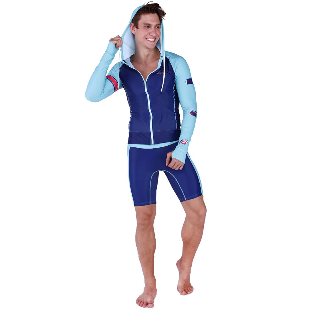 Man Surfing Rash Guards Wetsuit Suit Long Sleeve Zip Hoodie and Shorts