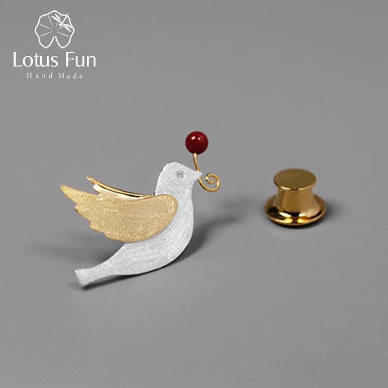 Lotus Fun реальные 925 пробы серебро ручной работы Fine Jewelry Творческий полет голубь с фруктами броши для Для женщин