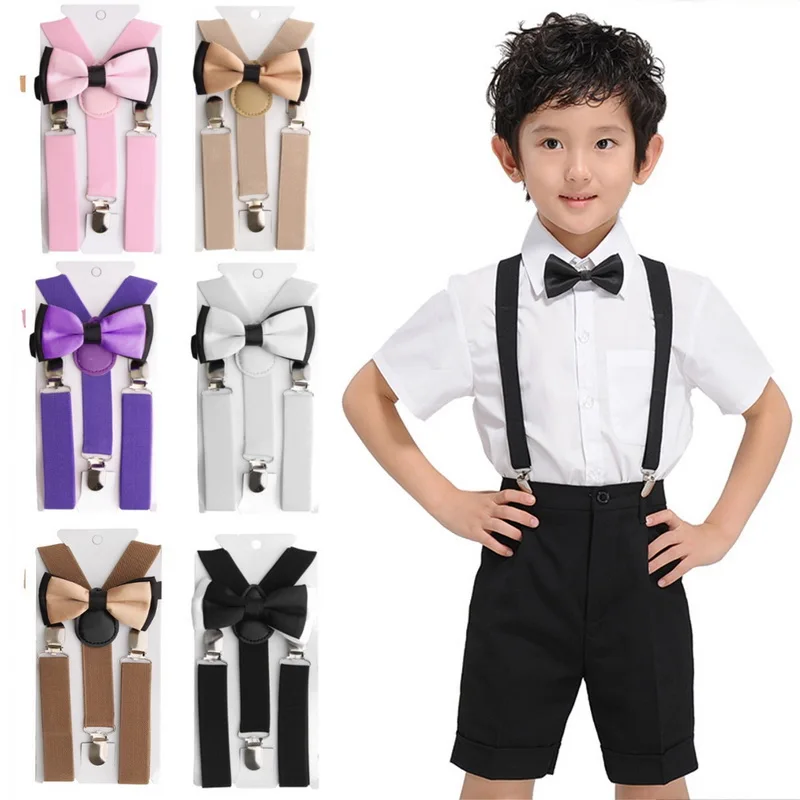 Solid Color Clip-on Suspenders Elastic Adjustable Braces with Bow Tie for Kids
