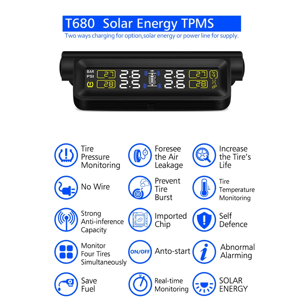 Умная автомобильная система контроля давления в шинах TPMS 4 внешний датчик встроенный литиевый аккумулятор usb-кабель для зарядки солнечной энергии