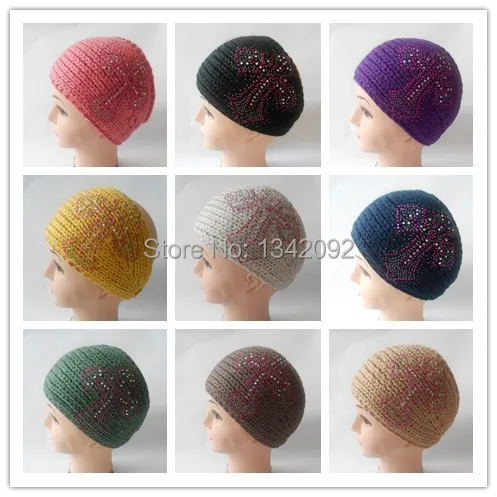 

HOT Fashion Women Soft Winter Knitted Cross Headband Colored Rhinestone Handmade Crochet Crysta Hairband Headwrap Mix Colors