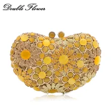 Двойной цветок ослепительный Socialite желтый опал камни в форме сердца Женская Ручная Сумочка с кристаллами вечерняя сумочка и кошелек