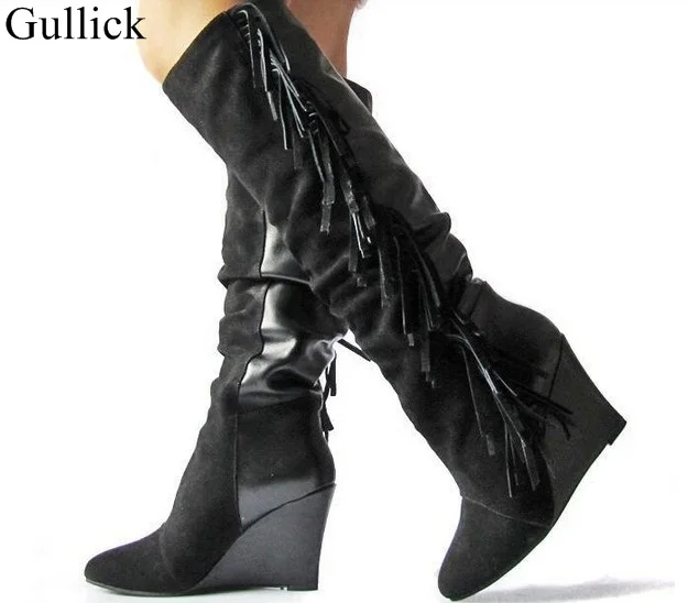 

Women Knee High Fringe Boots Black White Gray Suede Platform Wedged Tassel Boots Height Increasing Women Motorcycle Boots