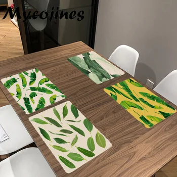 

Simple Style Summer Green Leaves 32*42CM Square Banana Leaf Napkin Dinner Table Cotton Placemat Setting Placemats For Table Bowl