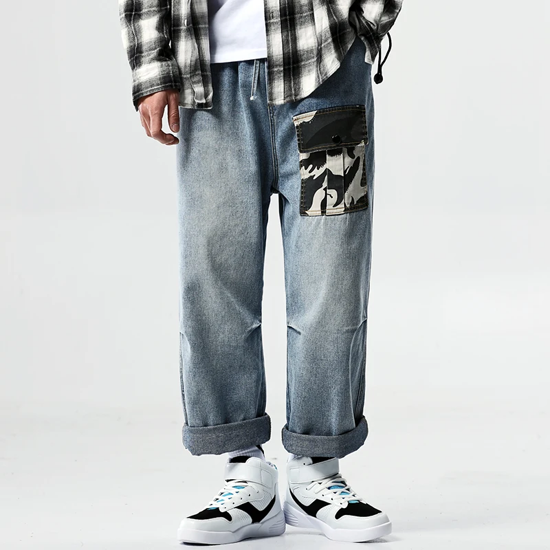 SingleRoad, широкие джинсы, мужские,, камуфляж, карман, высокое качество, Ретро стиль, синие, джинсовые штаны, мужские, длина по щиколотку, уличная одежда, хип-хоп джинсы