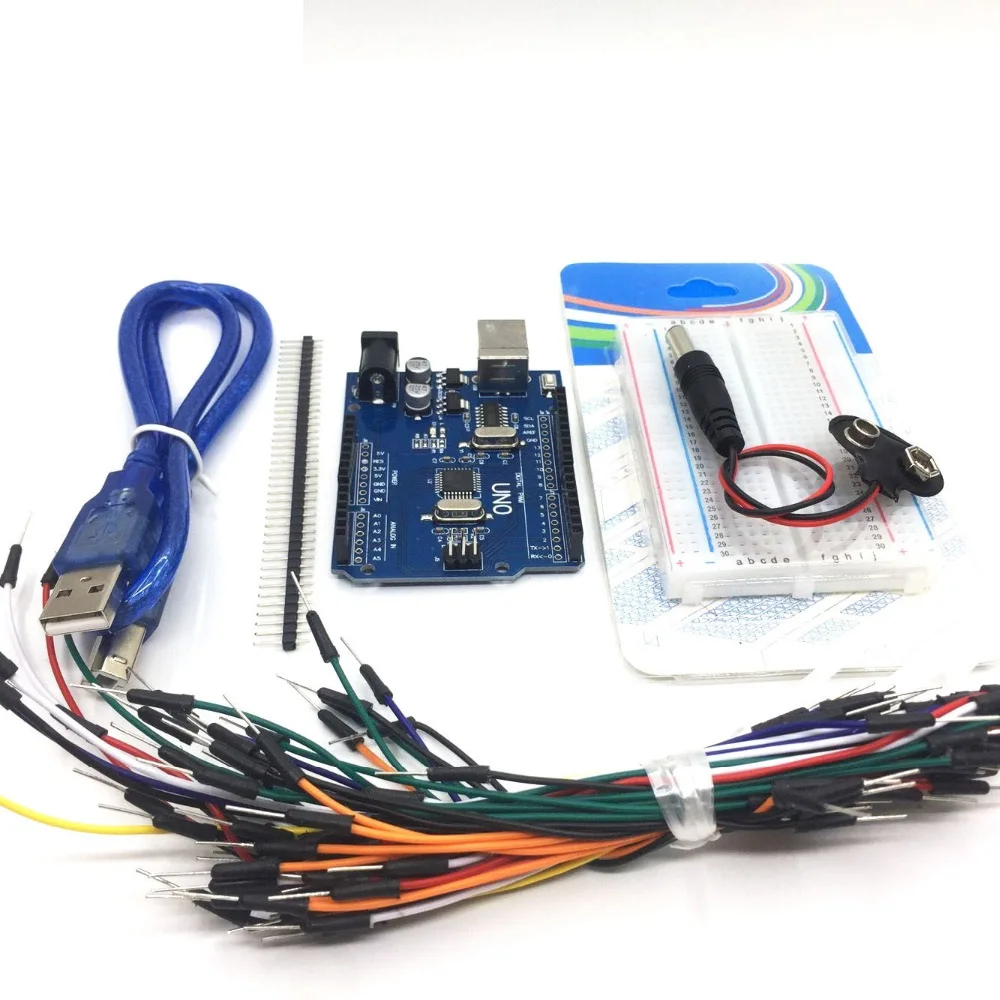 

Starter Kit for arduino Uno R3 - Bundle of 5 Items: Uno R3, Breadboard, Jumper Wires, USB Cable and 9V Battery Connector