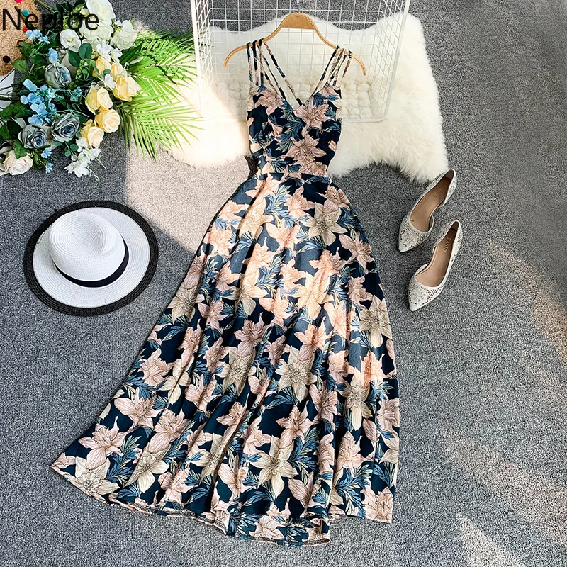 Neploe Solid Chic Women Dress Summer New V-Neck Sleeveless Camis Vestidos Irregular Ruffles Slim Waist Ladies Dresses 44498