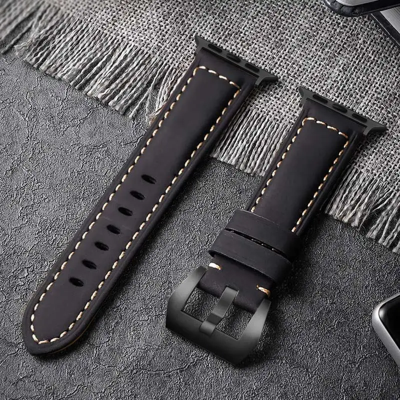 All Black Кутить ручной работы с ума из воловьей кожи ремешок для наручных часов, ремешок для Apple Watch, 42 мм, 38 мм, версия серии 4/3/2/1 кожаный спортивный ремешок для наручных часов iWatch, 44 мм 40 мм - Цвет ремешка: All Black