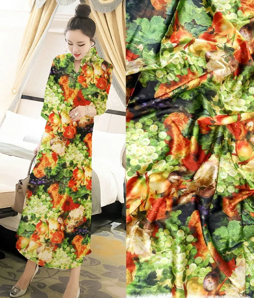 

Telas 97% mulberry silk fabric cloth elastic satin material fruits digital inkjet oil painting obama lace ankara african fabric