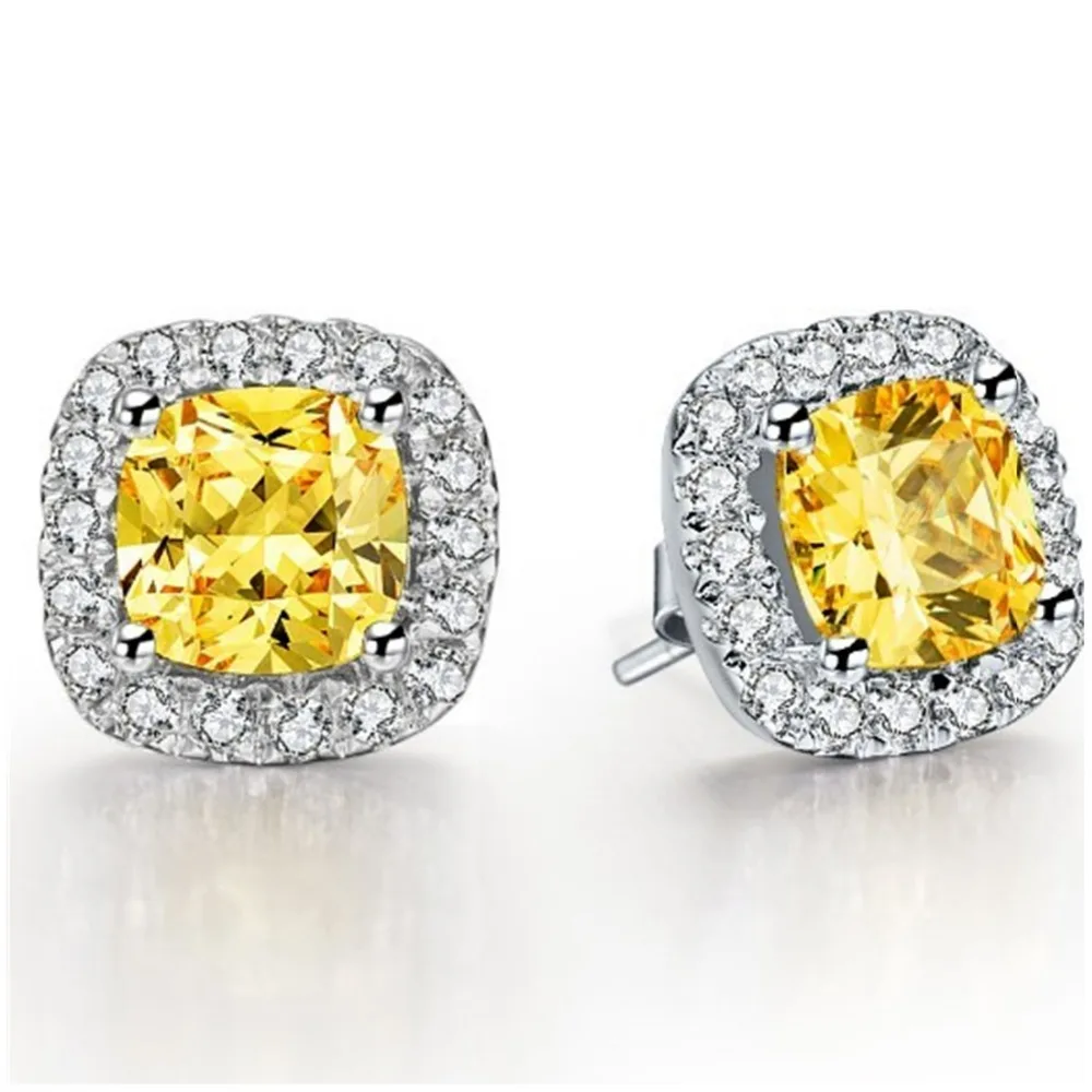 2CT/Each Synthetic Yellow Diamonds Stud Earrings Cushion Women