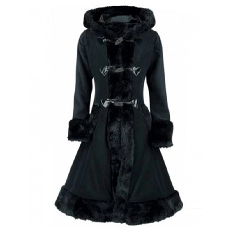 Sisjuly, готическая Черная парка с капюшоном из искусственного меха, пальто, Осень-зима, на шнуровке, на пуговицах, стеганое пальто, длинное тонкое пальто, женская толстая куртка - Цвет: Black
