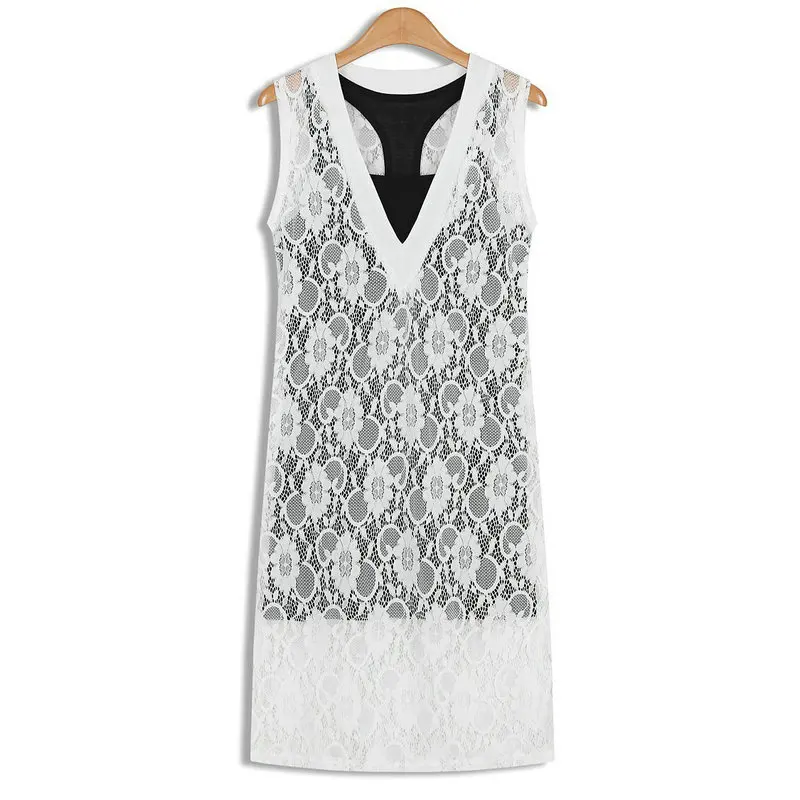 

2014 NEW women's Perspectivity queenj fashion vintage crochet sleeveless vest lace one-piece dress vest twinset women clothing