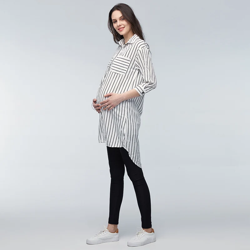 Maternity wear pregnant women tops pregnant women lapel 3/4 sleeve casual loose striped shirt XL oversized personality