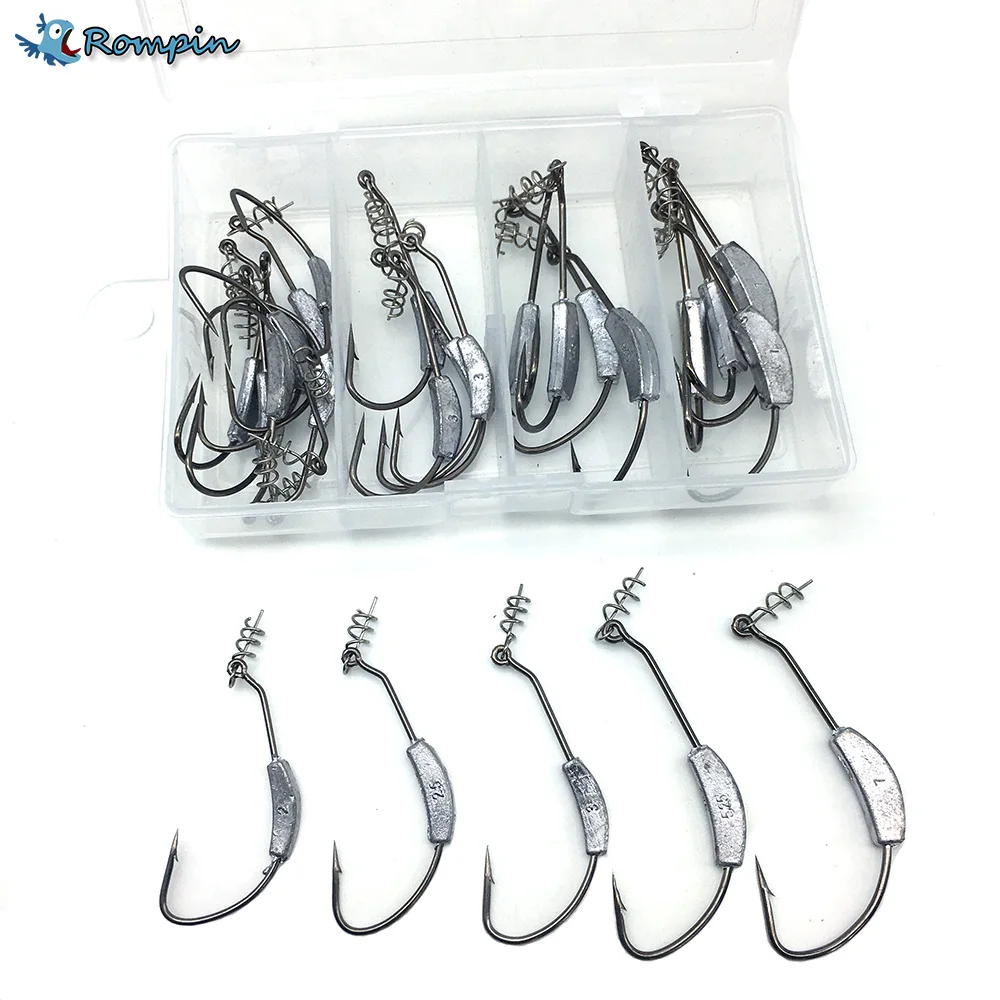 

Rompin 25pcs Barbed Lead Offset Fishing Fishhooks with Soft Worm Spring Lock Pin Fishing Hooks Fishing Accessories Tackle Box