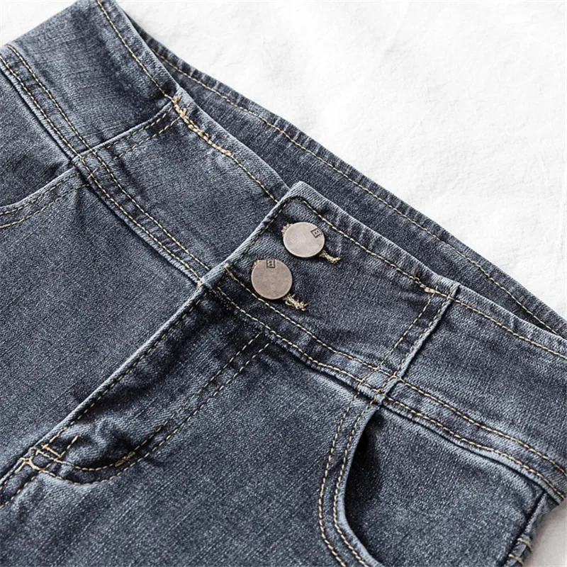 JUJULAND Высокая Талия Джинсы пуговицы полной длины размера плюс темно-синие джинсы Для женщин стрейч джинсы скинни, карандаш Для женщин джинсы 8288