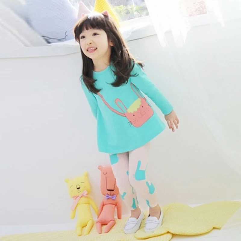 

Clothing Set!2pcs 2-7Y Girl Clothes Set Cotton Blended Cute Cat Pattern Long sleeve T-shirt+ Pants Outfits