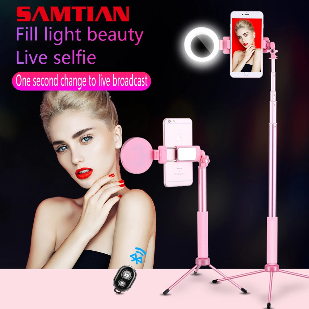 Online SAMTIAN Bluetooth 1,7 M Selfie Stick trípode con LED anillo relleno luz teléfono soporte monopié 360 rotación para Smartphone foto móvil