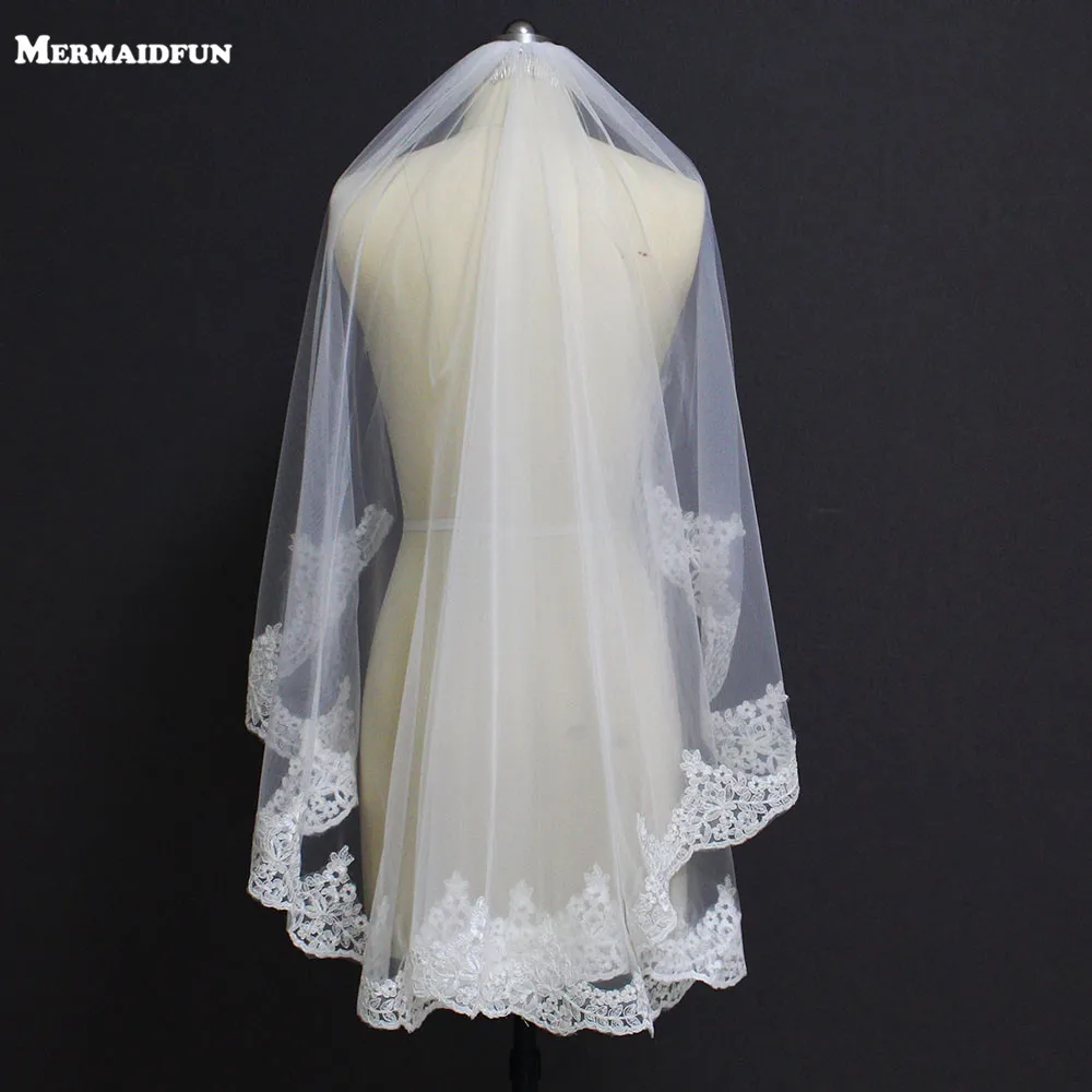

New Partial Lace Edge One Layer Wedding Veil With Comb Voile Mariage Short Lace Bridal Veil For wedding Dress