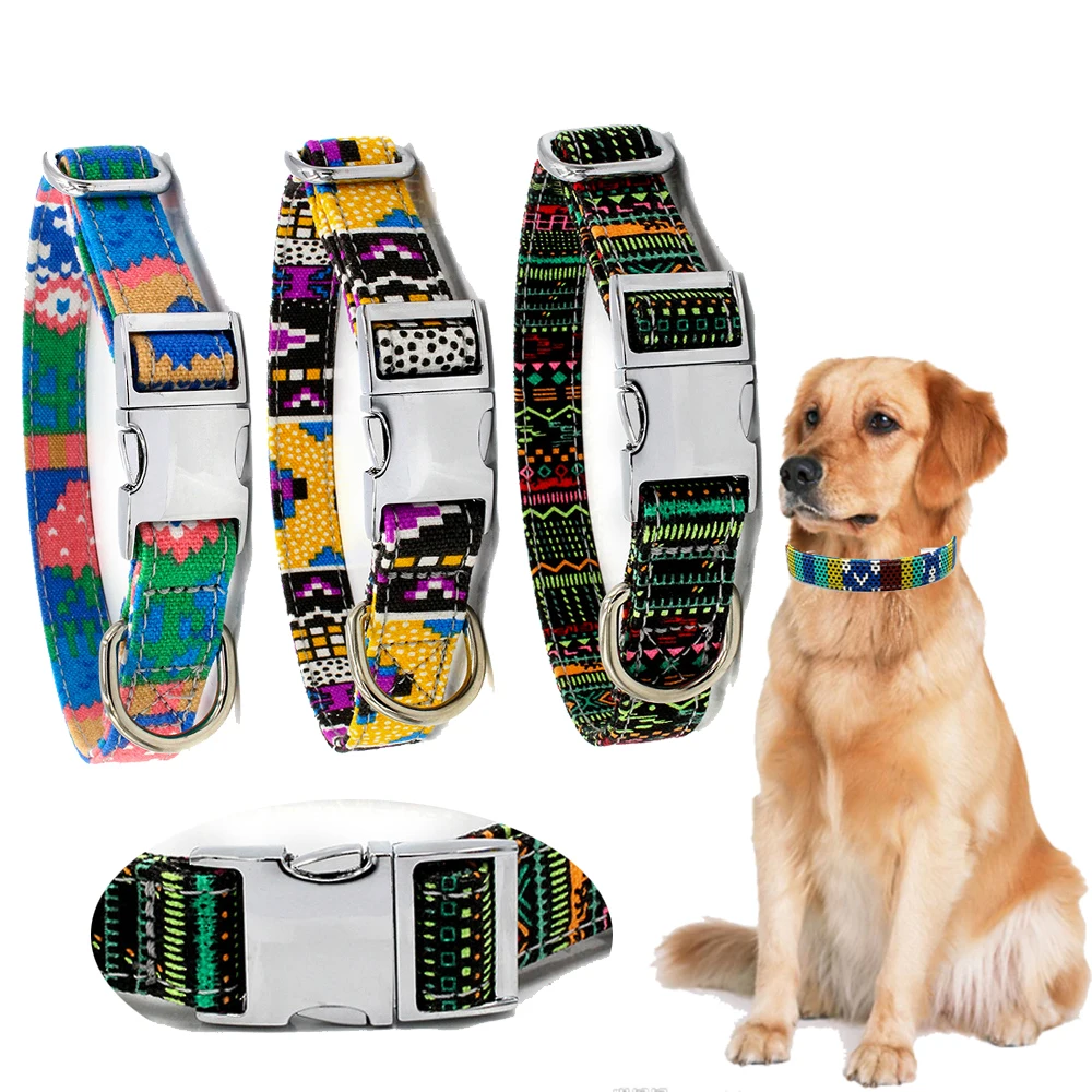 

Dog Collar Canvas Bohemian Pet Dog Tag Collar Alloy Button Adjustable Puppy Cat Nameplate ID Collars