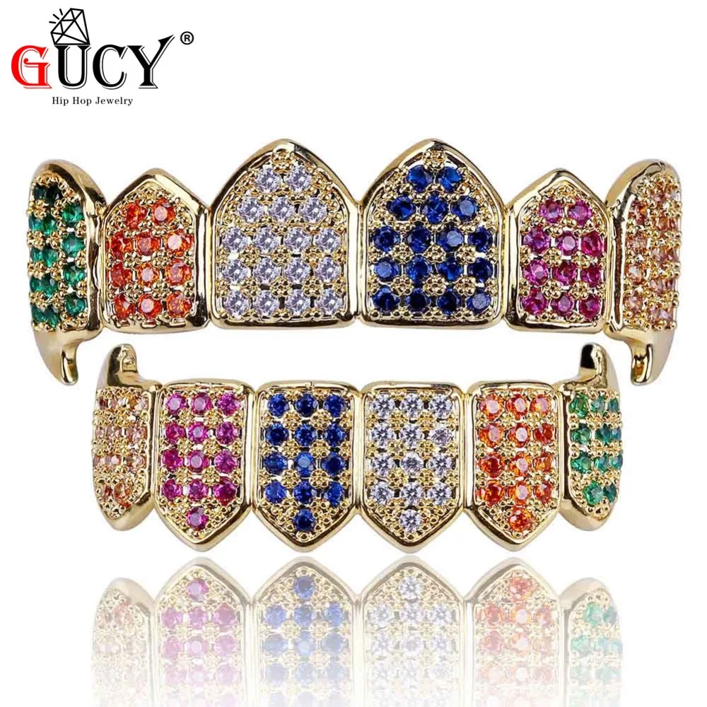 

GUCY Hip Hop Gold Color Vampire Fangs Teeth Grills Caps Micro Pave Multi-Color CZ Bling Cubic Zirconia Top & Bottom Teeth Grillz