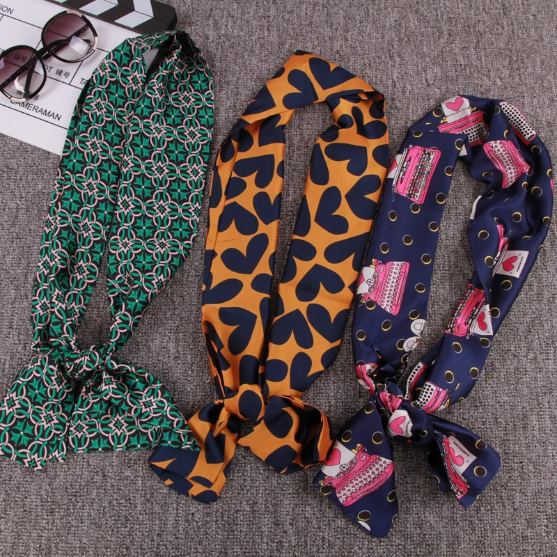 

12 colors Summer silk scarf women fashion ladies scarves printing female silk scarves long narrow bag strip small towels tie