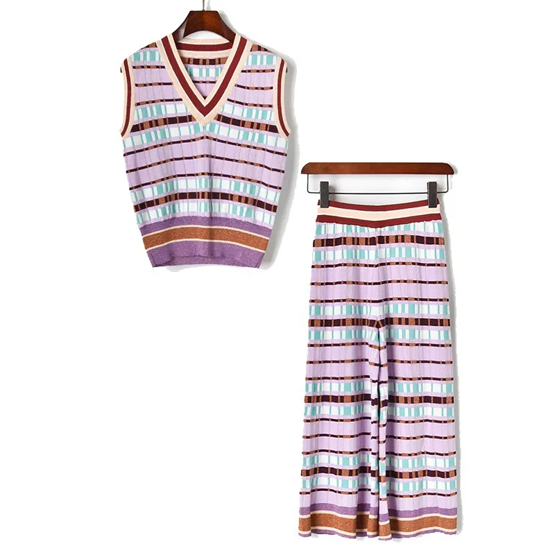 

2019 Summer Fashion 2 Pieces Set Striped Women Sleeveless V-neck Tank Sweater Tops +Loose Calf Length Pants Knitted Suits