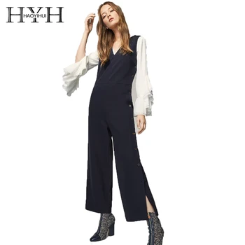 

HYH HAOYIHUI 2018 Casual Solid Dark Blue Women Jumpsuits V-Neck Loose Leg Buttons Side Split Mid-Rise Female Elegant Rompers