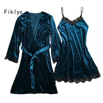 

Fiklyc brand velvet women winter two pieces robe & gown sets luxury lace sexy V-neck female nightwear nightdress + bathrobe NEW