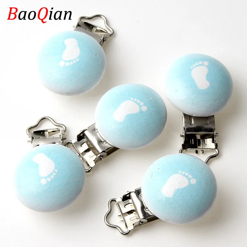 

5Pcs Blue Feet Metal Wood Baby Pacifier Clips For Baby Infant Soother Clasps Teethers Holders