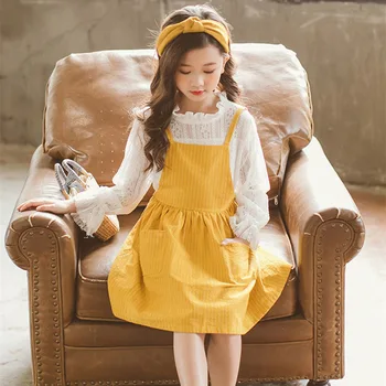 

Autumn Children's Clothing Lace White Blouse+Striped Dress 2 Pcs Fashion Teenage Clothes Spring Girls Clothing 6 8 12 Years