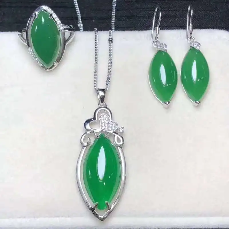 Ювелирные наборы Joyas ожерелье набор оптом натуральный Chrysoprase три части S925 инкрустированные Кольца с агатом Серьги Подвески для