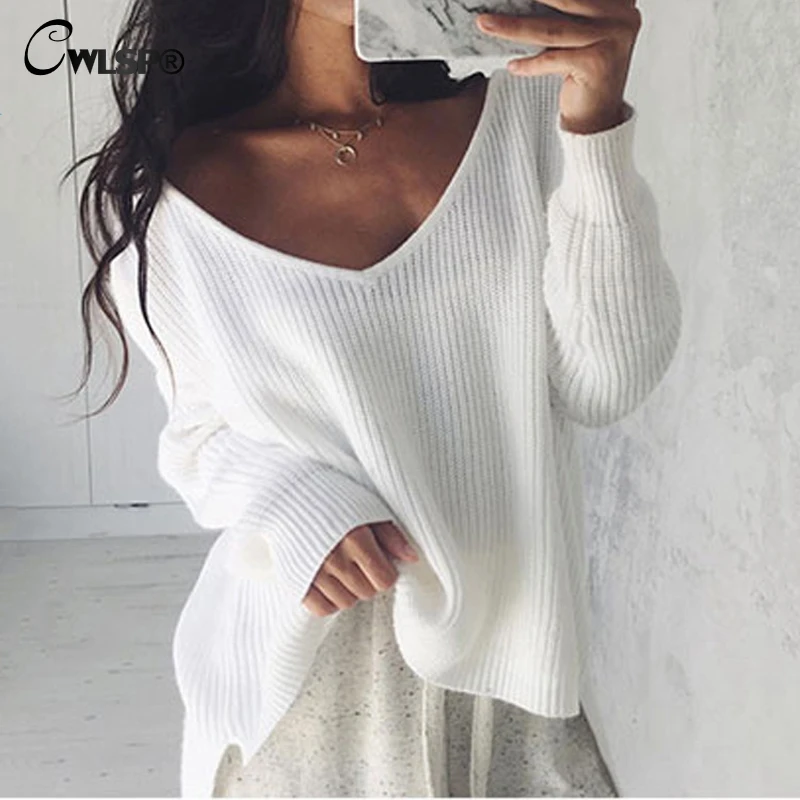 

CWLSP Autumn Winter Loose knitted pullover sweater Women V Neck Back Long pull femme manche longue kimonos mujer 2017 QL3255