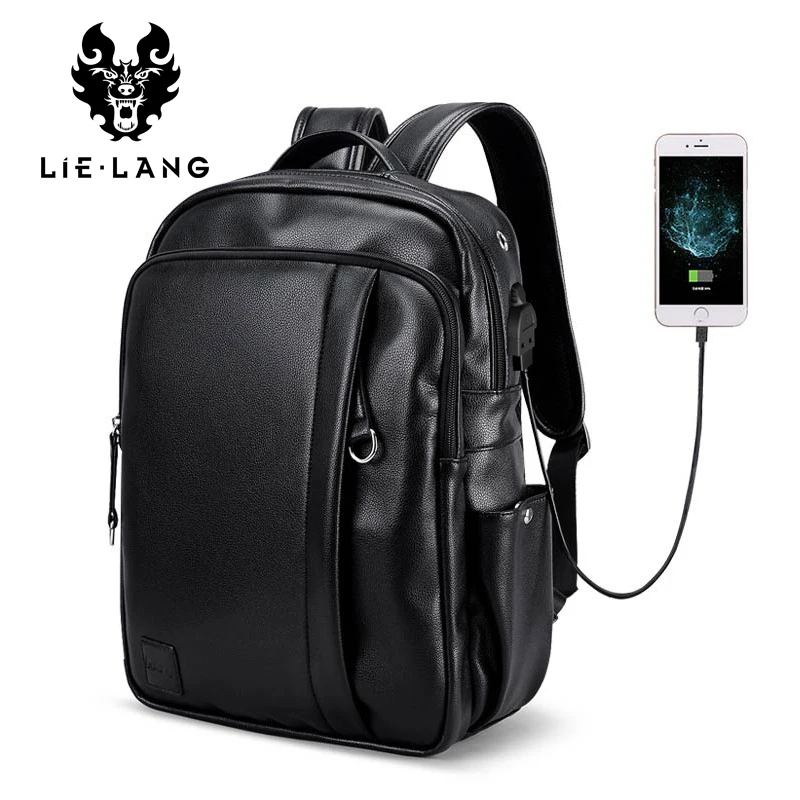 

LIELANG Leather Backpack Men External USB Charge Laptop Backpack Travel Bags Western College Style Bags Mochila Feminina