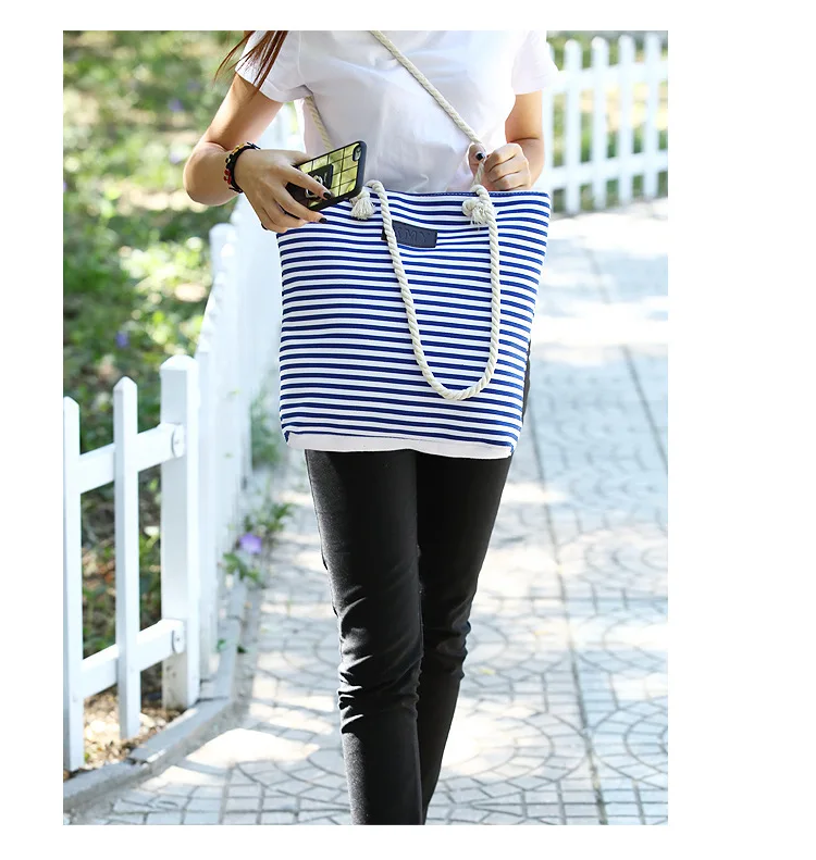 ZYJ Female Striped Canvas Shoulder Casual Tote Bag Pack Drawstring Hemp Rope Handbag Shopping Hand Bucket Grocery Beach Bag (13)