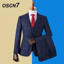 OSCN7 клетчатые мужские костюмы на заказ, приталенные мужские костюмы для свадебной вечеринки, модный костюм из 3 предметов, блейзер, брюки, жилет, DM-029